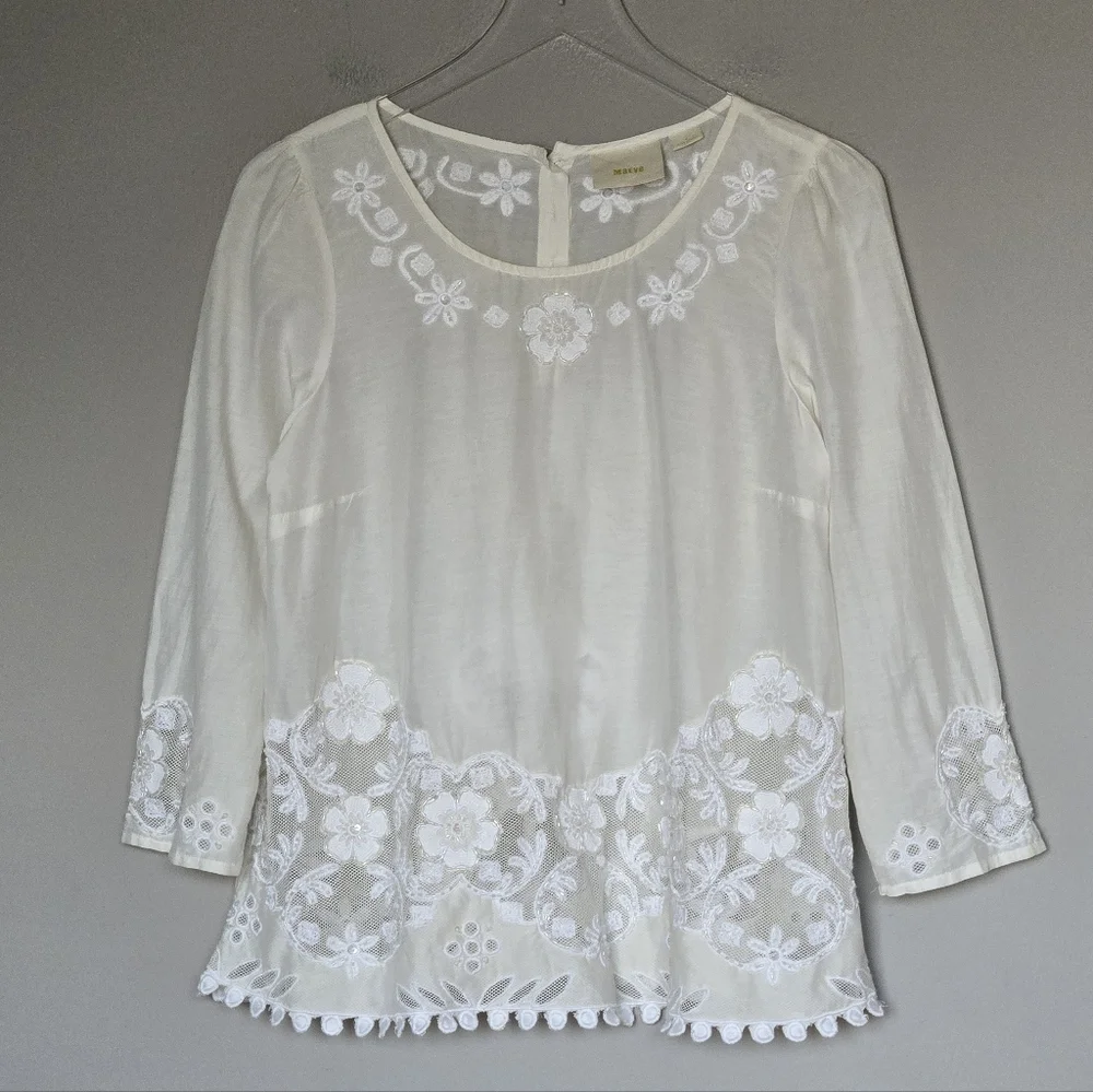 Anthropologie Maeve Cream Silk Embroidered Lace Women's Boho Feminine Fairy Top